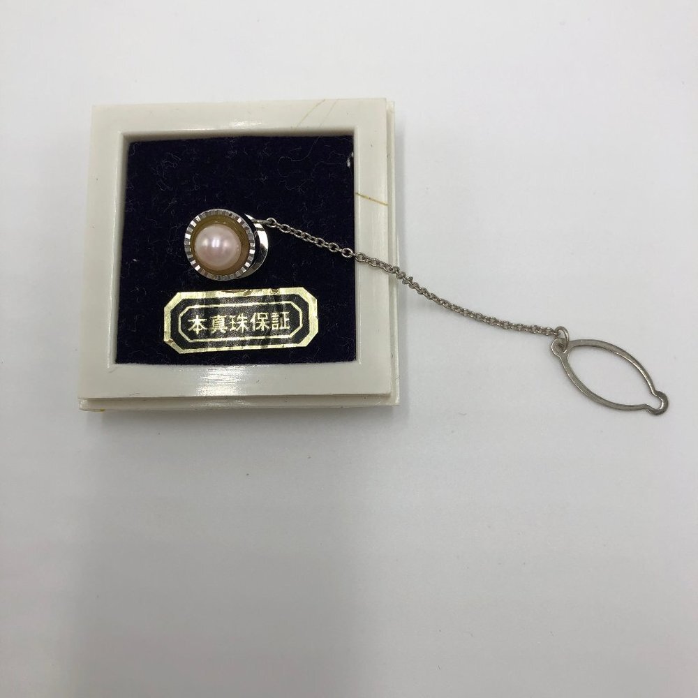 Pearl And Silver Tie Tack With Chain Nip - image 2